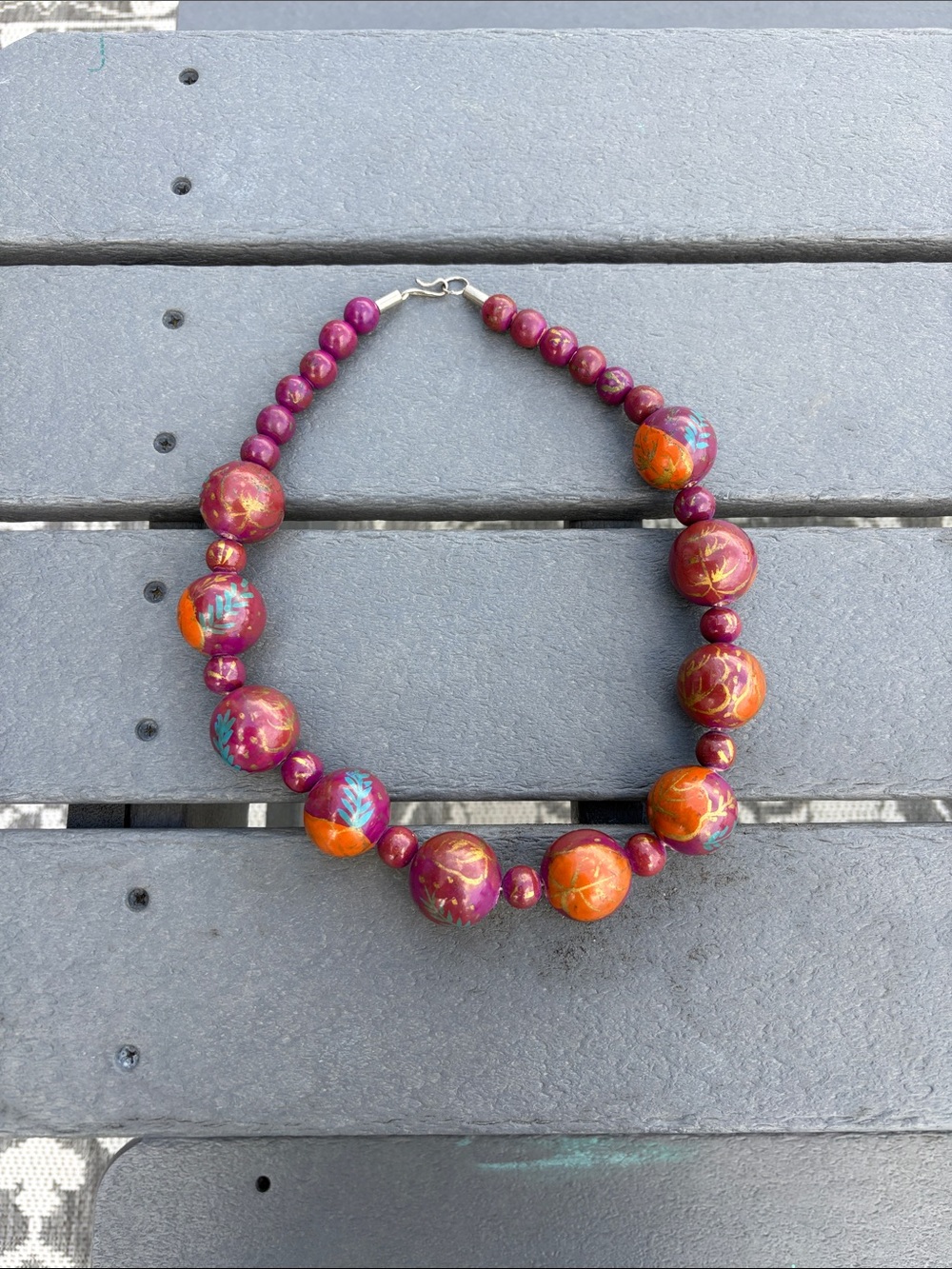 Vintage Hand-Painted Purple and Orange Beaded Statement Necklace